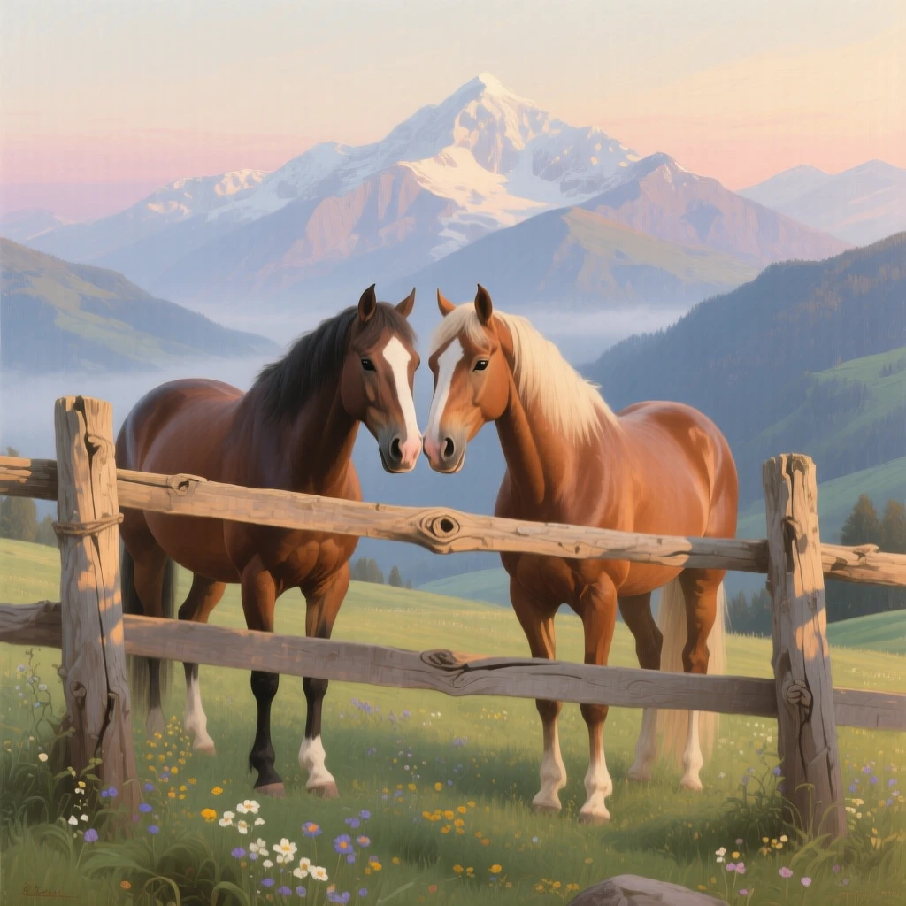 A well-framed scene of a pair of horses nuzzling over a wooden paddock fence, in early morning light, in the Swiss Alps.