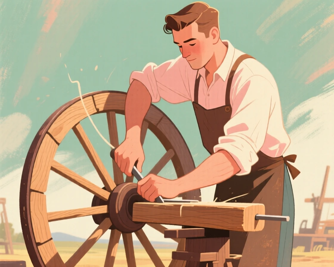 A wheelwright shaping a wooden cart wheel by hand