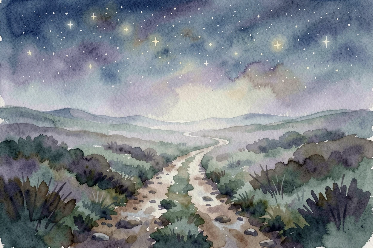 A foggy moorland under a starry night sky with a narrow dirt path leading into the distance.