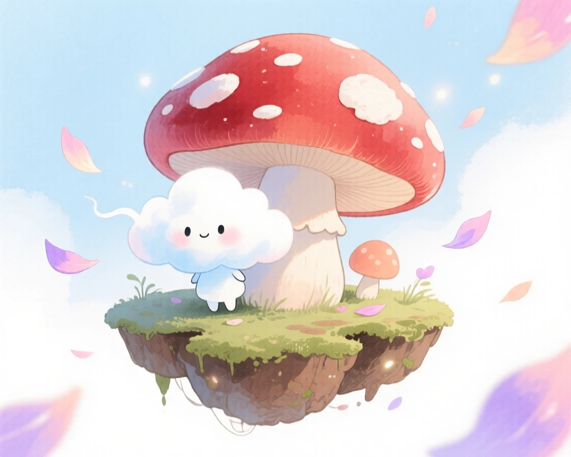 A tiny cloud spirit peeks out from behind a giant mushroom in a floating garden island, surrounded by softly glowing petals