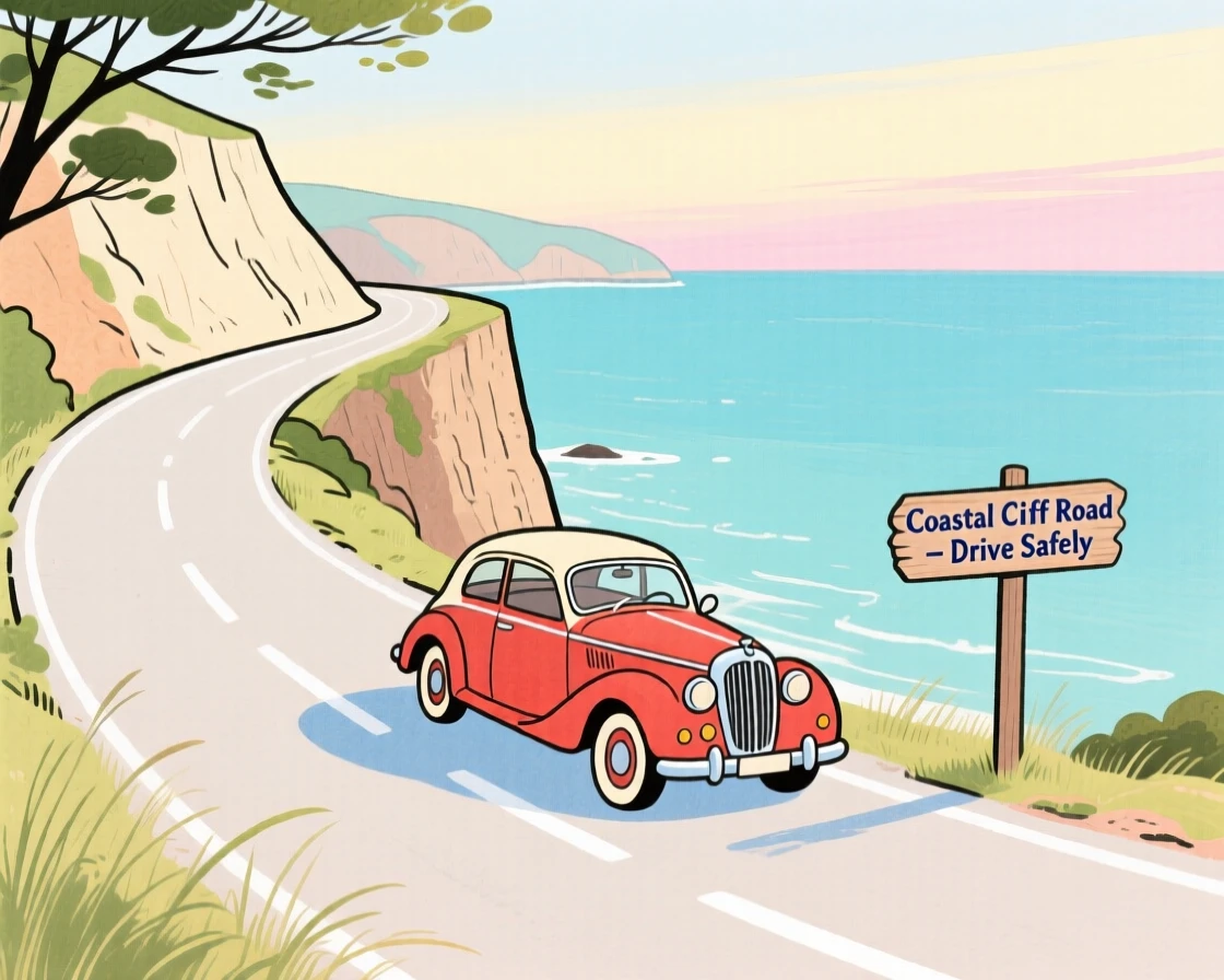 A vintage car winding along a coastal cliff road, peaceful and full of gentle motion.