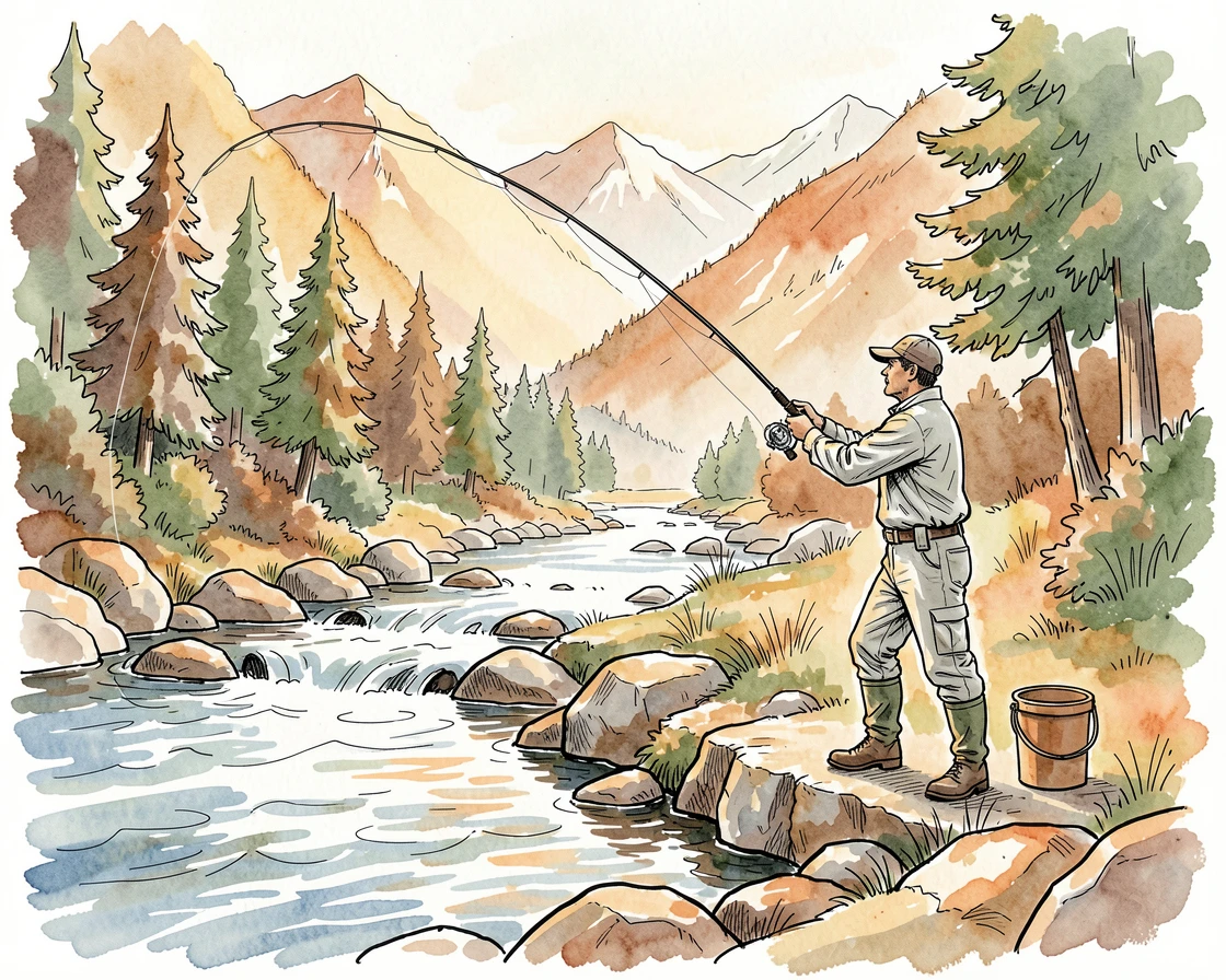 A fisherman fly-casting across a quiet mountain stream, warm natural light illuminating the workspace.