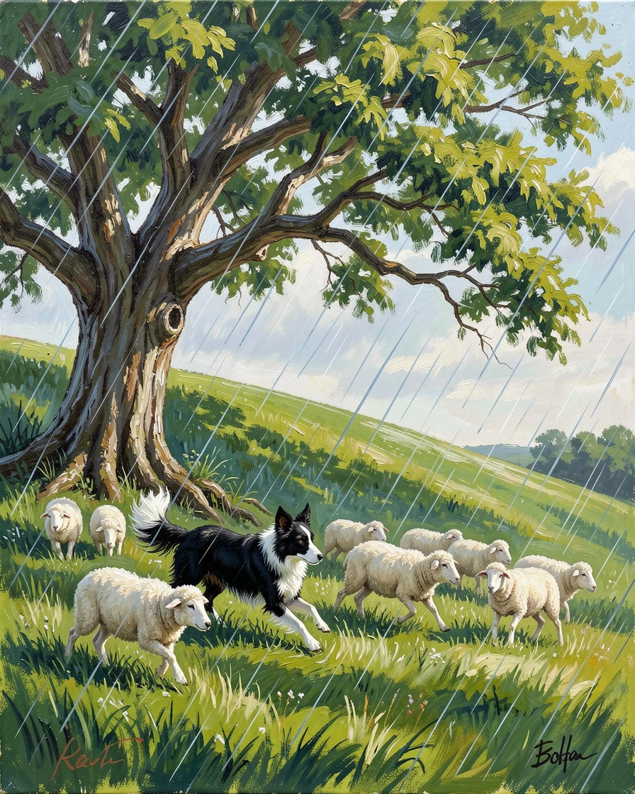 Beneath a large shade tree on a warm afternoon, a border collie herding sheep across a green hillside, its ears perked up, listening intently, during a gentle summer rain shower.