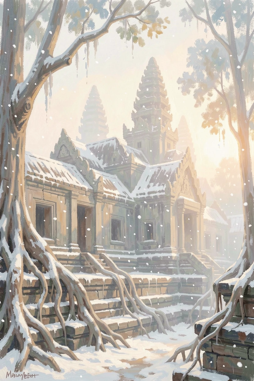 The ancient temples of Angkor Wat emerging from morning mist, tree roots winding over weathered stone, amid a gentle winter snowfall, filled with warmth and nostalgia.
