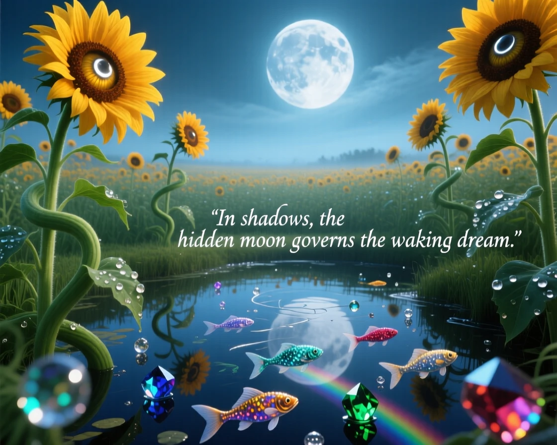 A field of sunflowers that slowly turn to face a hidden moon grows quietly at the edge of a still, quiet pond, while morning dew clings like small scattered jewels.