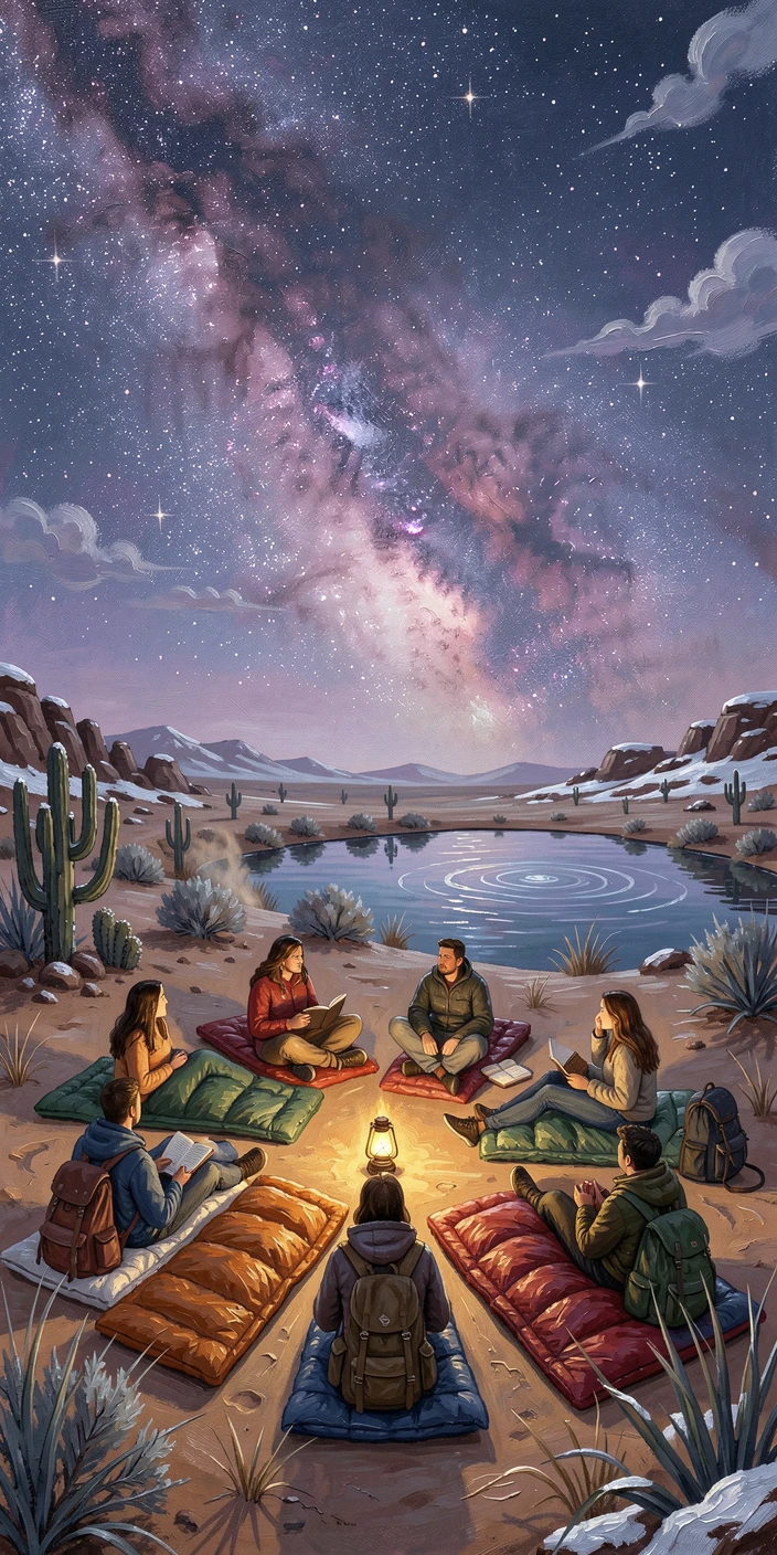 A group of campers stargazes from sleeping bags laid out beneath a clear desert sky, the Milky Way arching brilliantly overhead, the natural elements, whether wind, water, or snow, playing an active role in the scene.