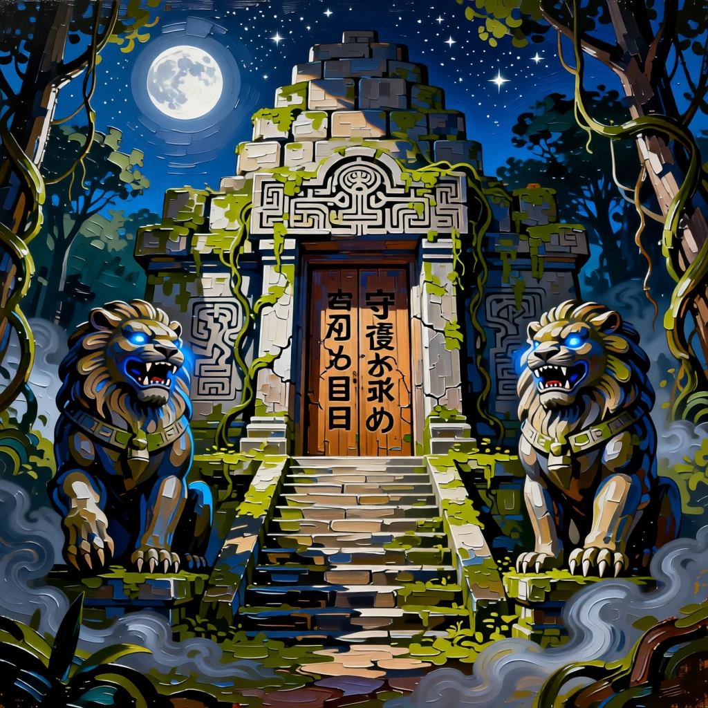 A hidden temple guarded by stone lions that awaken only under the full moon