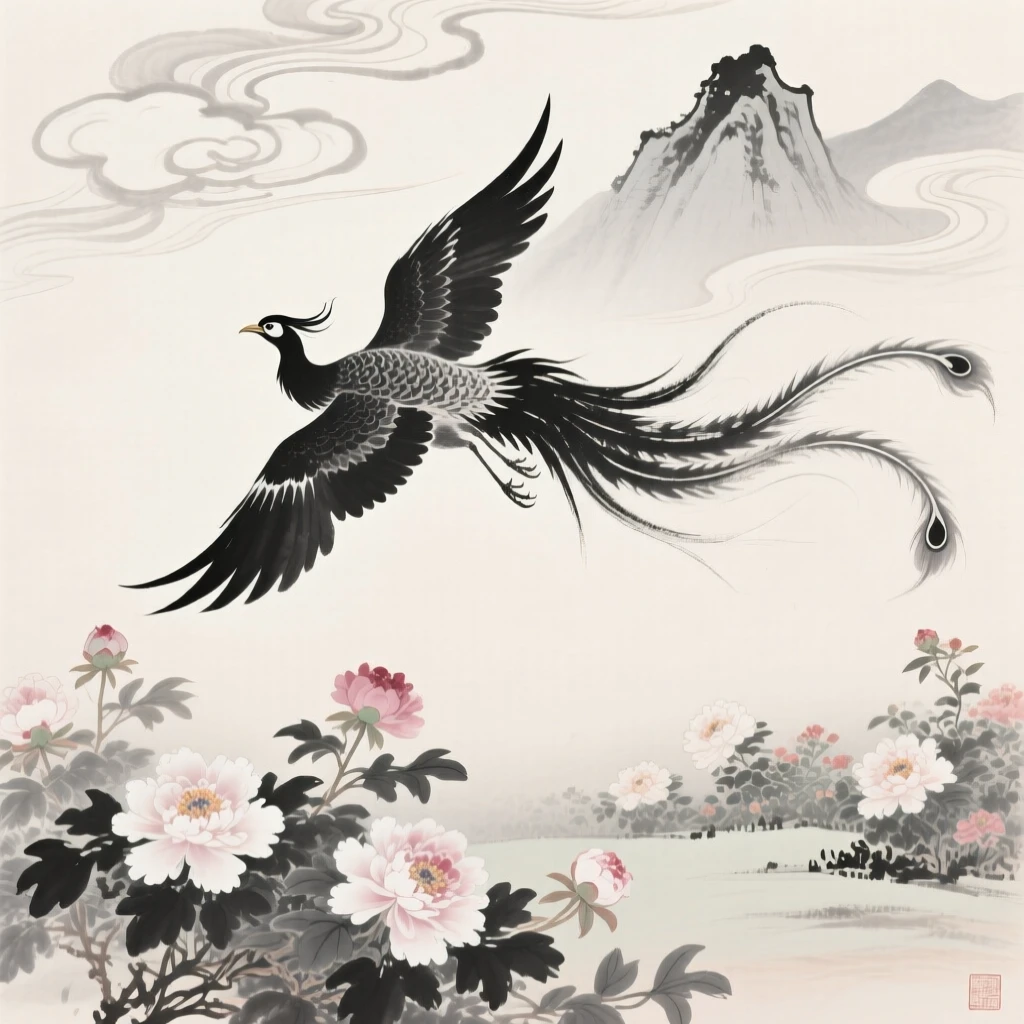 A phoenix soars above a garden filled with peonies in full bloom, with clouds parting to reveal the peak below.