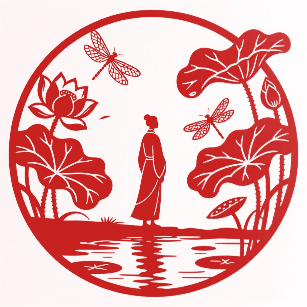 A Summer scene of a lotus pond alive with dragonflies, a lone figure pausing to take in the view.