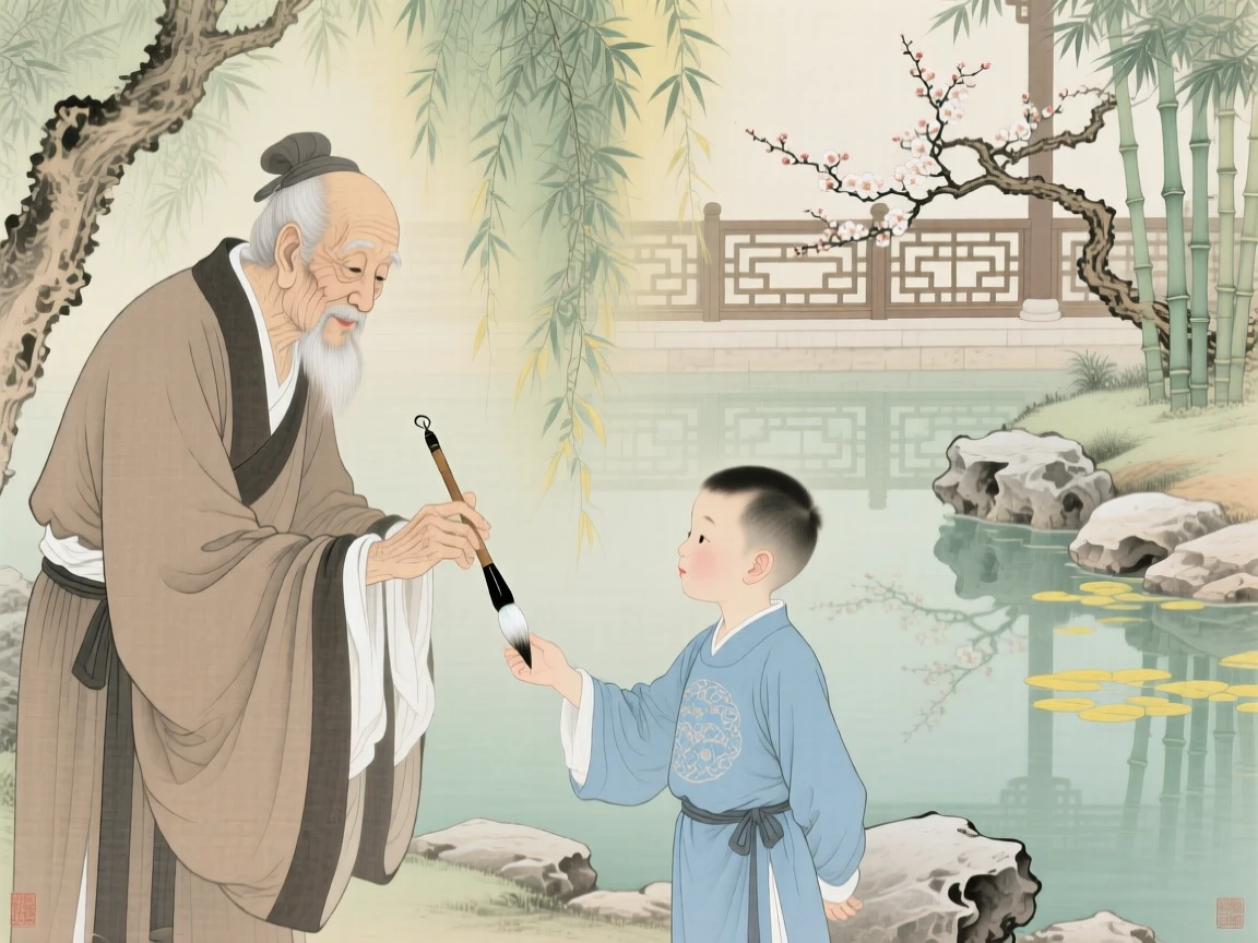 An old man passing down his calligraphy brush to his grandson, beside a quiet garden pond