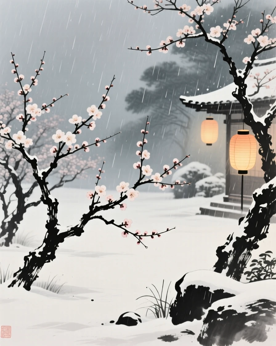 A gentle spring rain falling over blooming plum trees within a snow-dusted garden, composed with warm lantern light glowing against a cool evening, conveying cozy stillness and seasonal wonder.