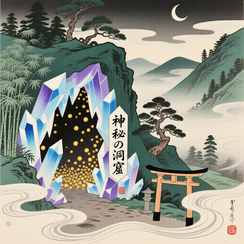 A crystal cave lit by thousands of tiny lights, nestled in a valley of drifting mist.