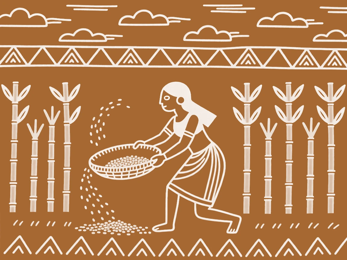 A woman winnowing grain harvesting sugarcane under a wide open sky.
