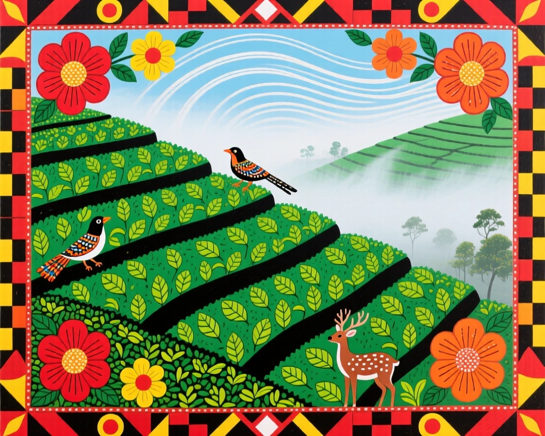 A terraced hillside of tea bushes catching the early morning mist.