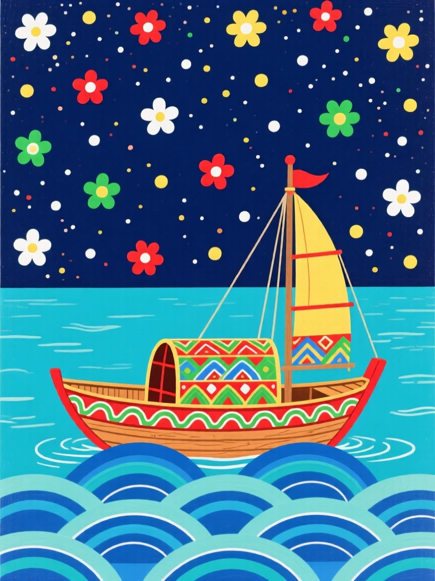 A view of a small wooden boat adrift on calm water beneath a sky full of stars.