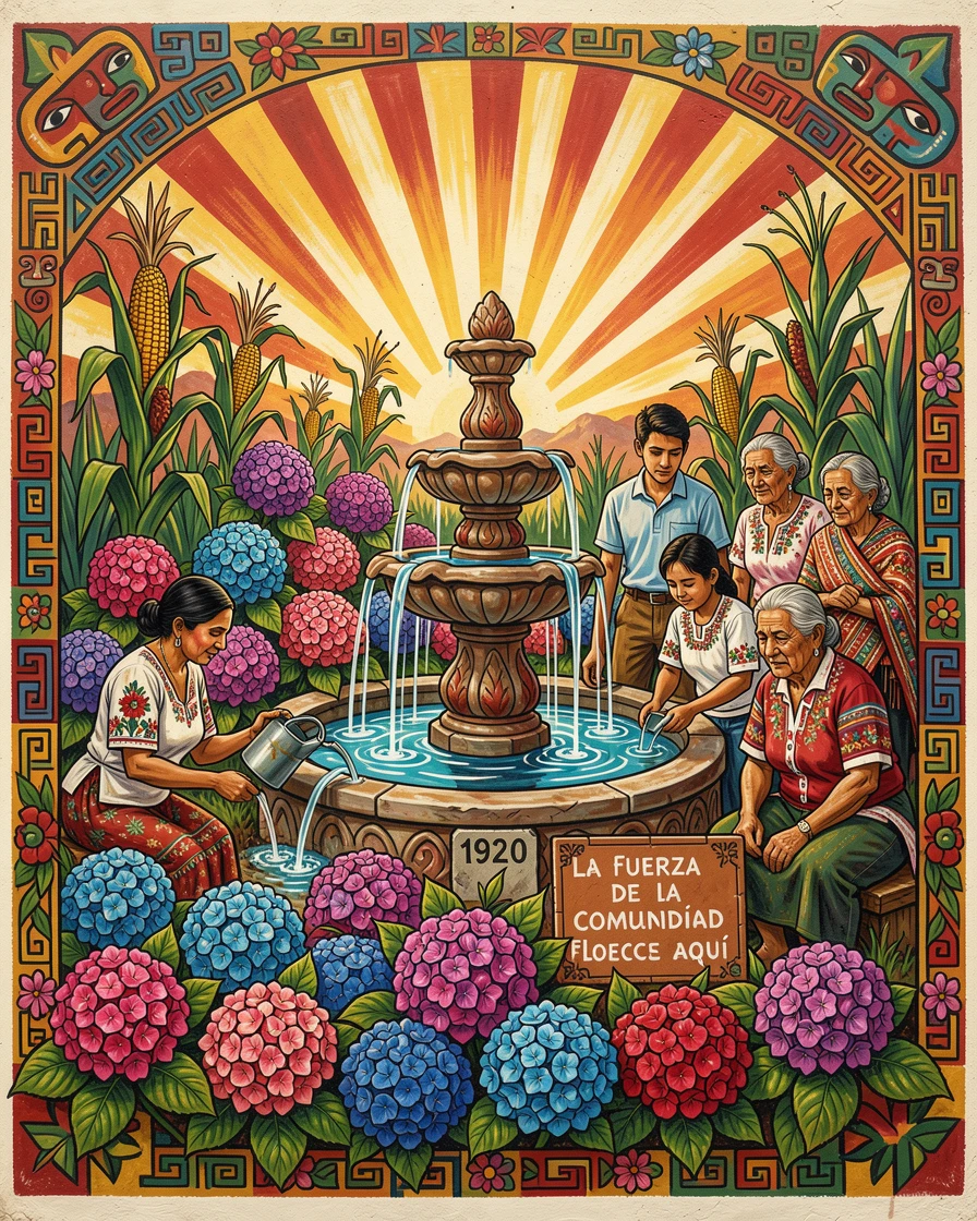 A garden fountain surrounded by blooming hydrangeas