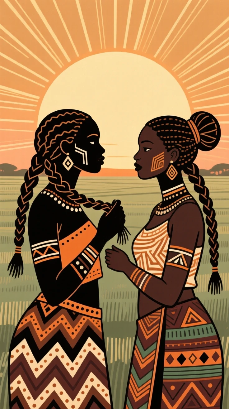 Women braiding each other's hair while chatting as the sun rises over the fields.