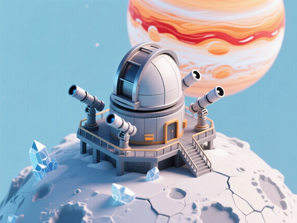 A space observatory perched on an icy moon, telescopes aimed at a swirling gas giant filling the sky.
