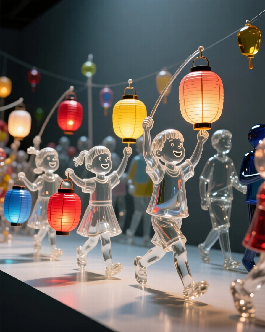 With the whole street alive in color and motion, children carrying handmade lanterns through a festival crowd
