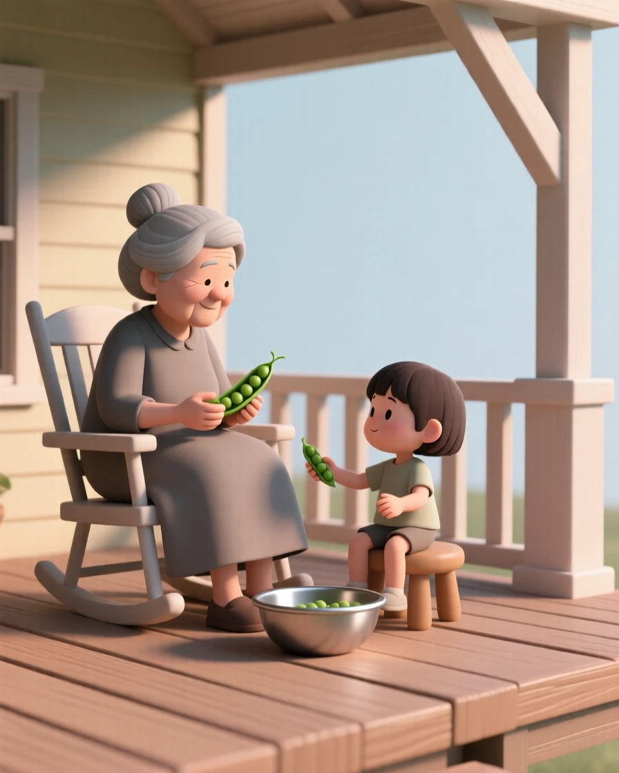 A gentle grandmother rocks in a porch chair, teaching her grandchild to shell peas into a metal bowl.