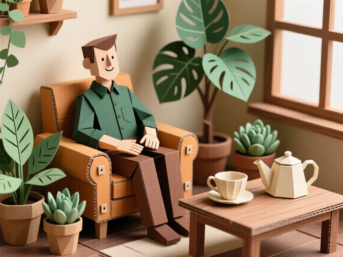 A meticulous woodworker relaxing in a cozy plant-filled room, with a cup of tea resting close by, capturing the satisfaction of skilled hands at work.