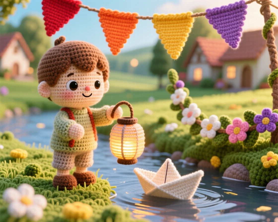 a small boy holding a small paper boat lantern, for a lantern floating festival, releasing it gently onto a quiet river, at a sunlit village green decorated with banners, with a garland of woven flowers draped nearby, radiating warm cultural pride and festive belonging.