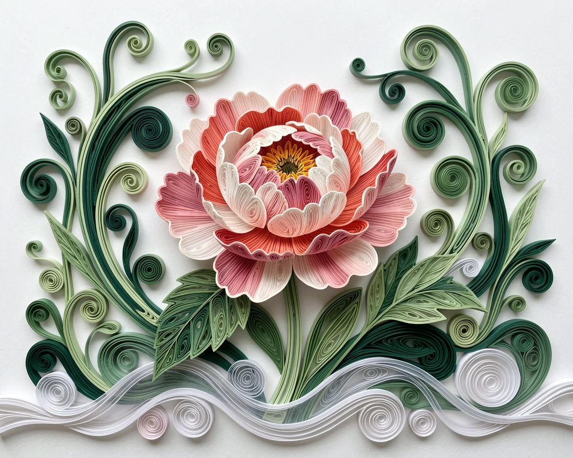 A serene botanical study of a single peony in full, ruffled bloom in an overgrown secret garden corner, under a light mist rising from the ground, centered with generous negative space around it.