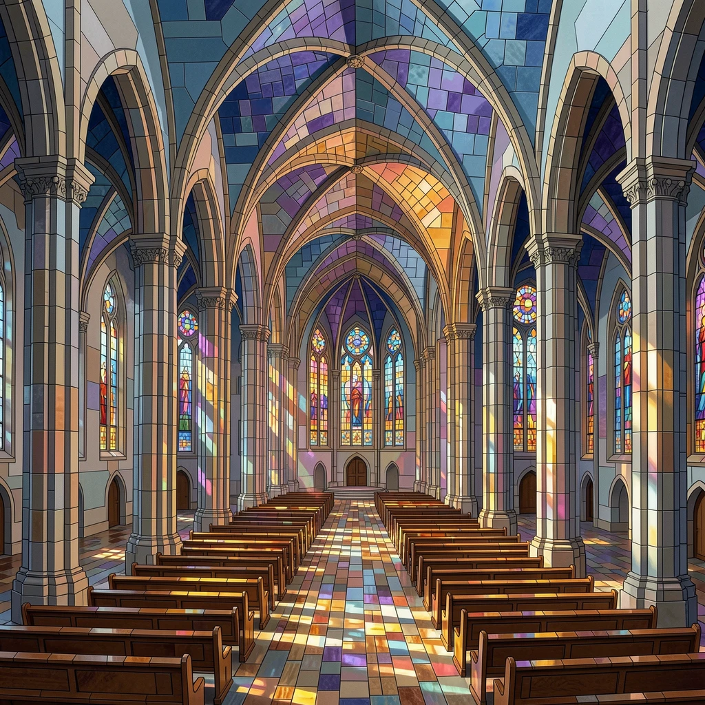 A grand cathedral interior with light streaming through stained glass, viewed from a dramatic elevated vantage point.