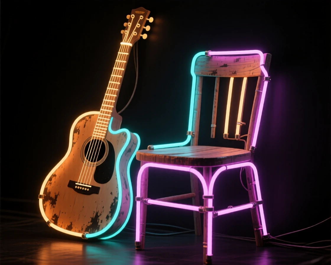 A weathered acoustic guitar leaning against an old wooden chair.
