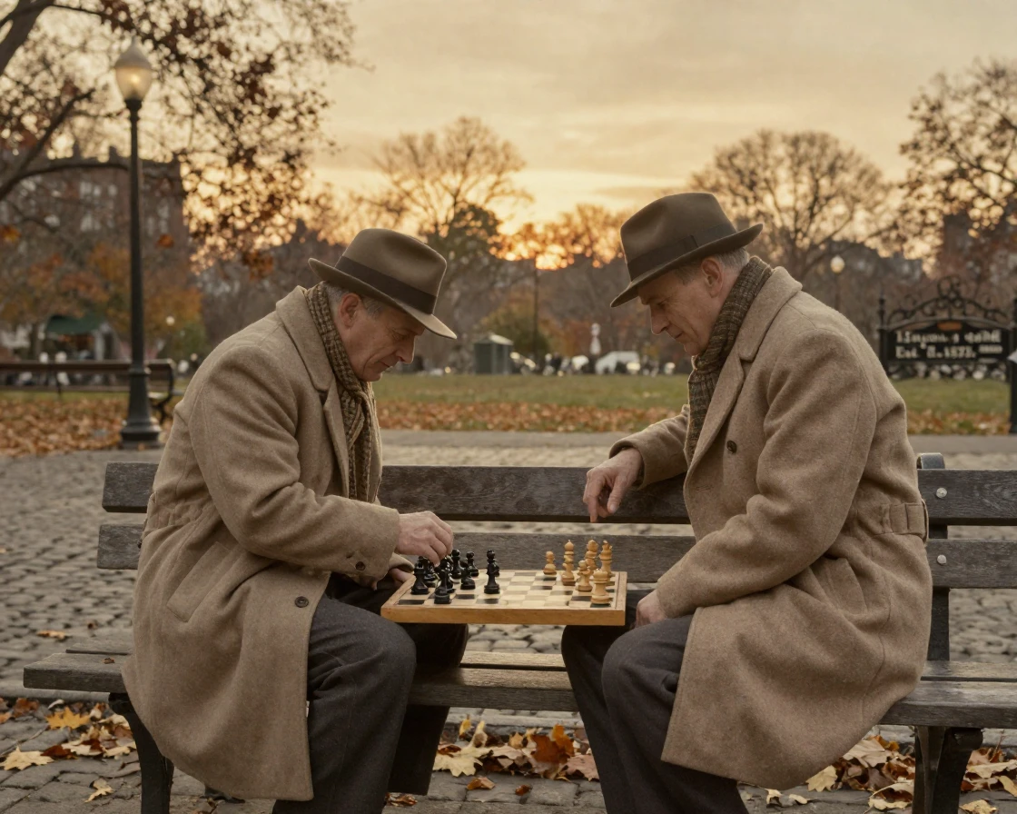 Two old friends playing chess on a park bench, under a glowing sunset sky, in still, windless air, in the mild days of early autumn, with a soft sepia-tinted glow, from a wide establishing view.