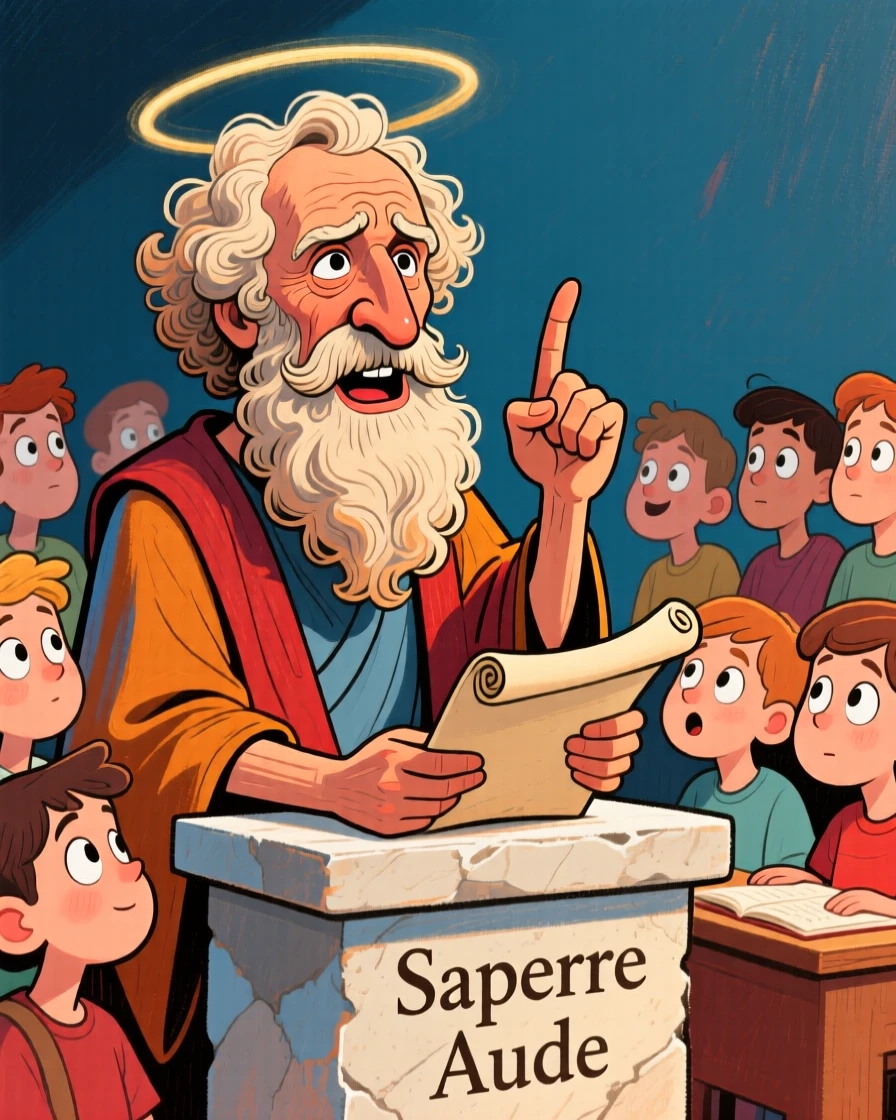 A Greek philosopher gesturing thoughtfully while lecturing a group of attentive students.