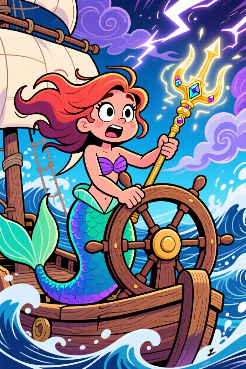 An imaginative fantasy scene of a curious mermaid steering a ship through a swirling magical storm, with a legendary artifact clutched tightly.