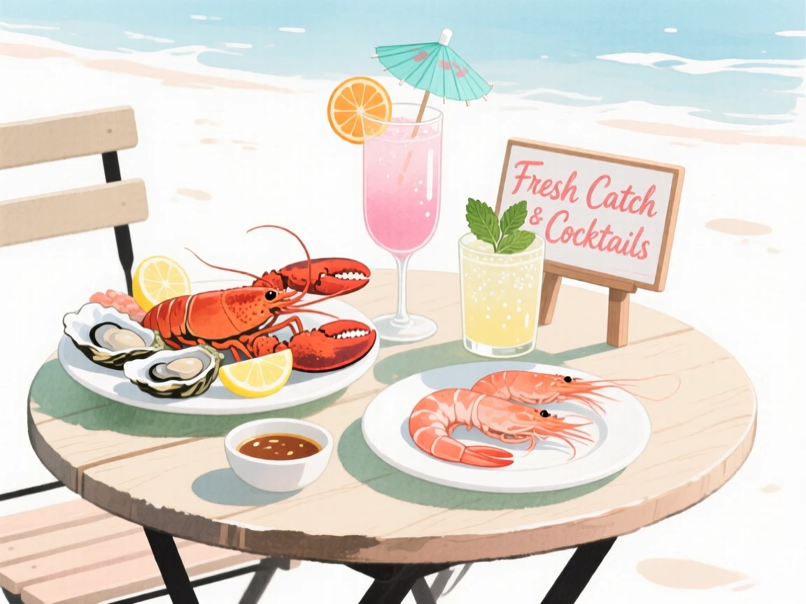 A cozy, appetizing, elegant and intimate scene of a beachside table with fresh seafood and tropical cocktails