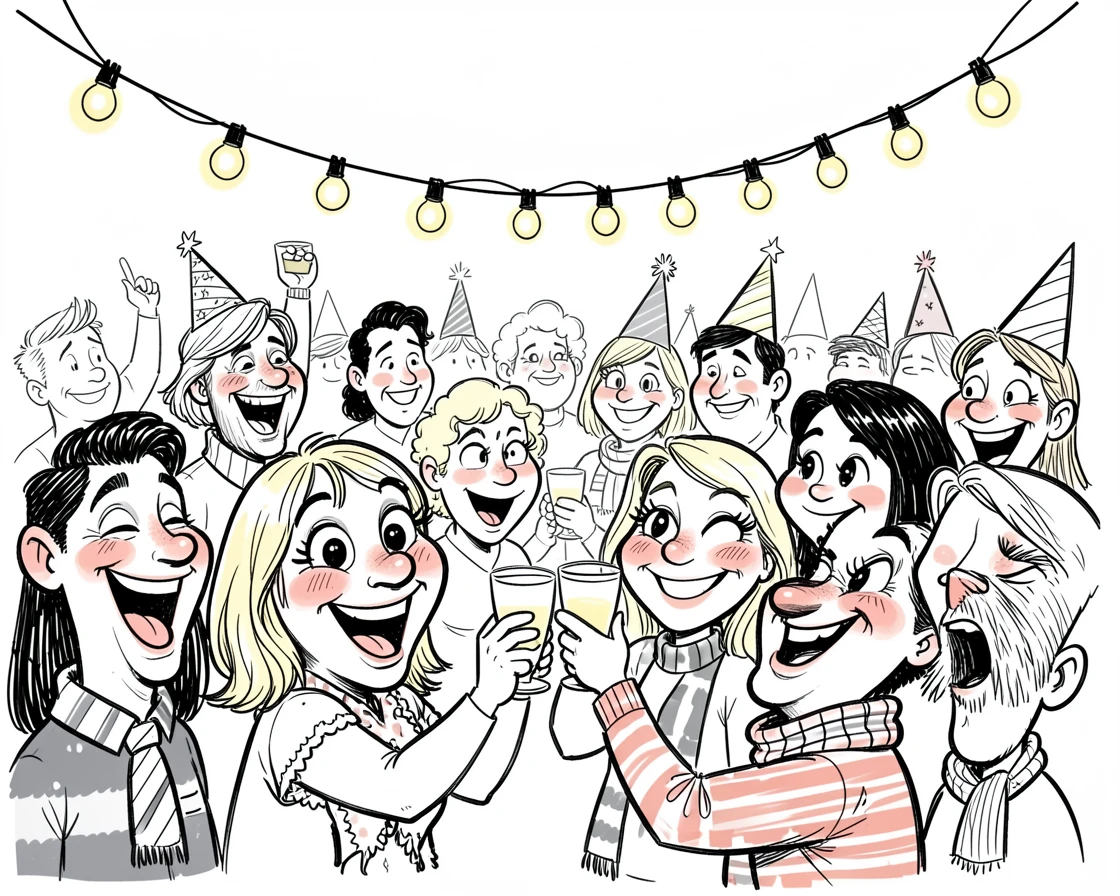 [Seasonal Holidays & Celebrations] Festive scene of a festive community festival crowd toasting under a canopy of string lights, full of celebration and joy