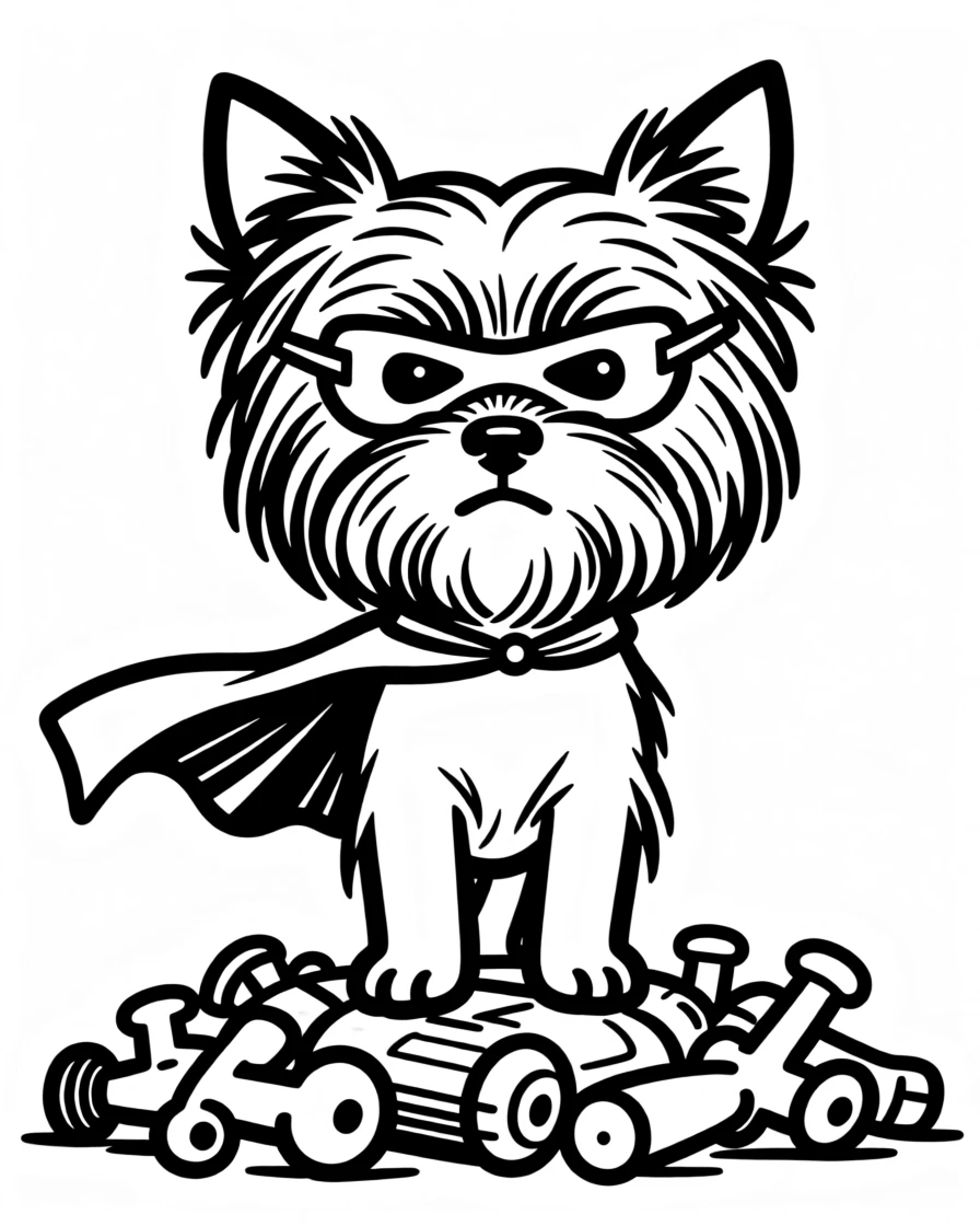 A yorkie wearing a tiny cape and mask, guarding a pile of toys heroically.
