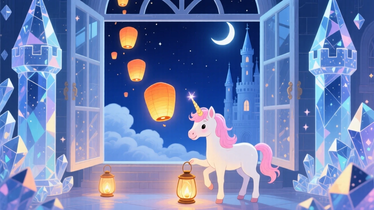 A unicorn foal is lighting lanterns that float into the night sky in a castle made of crystal, with clouds drifting lazily below.