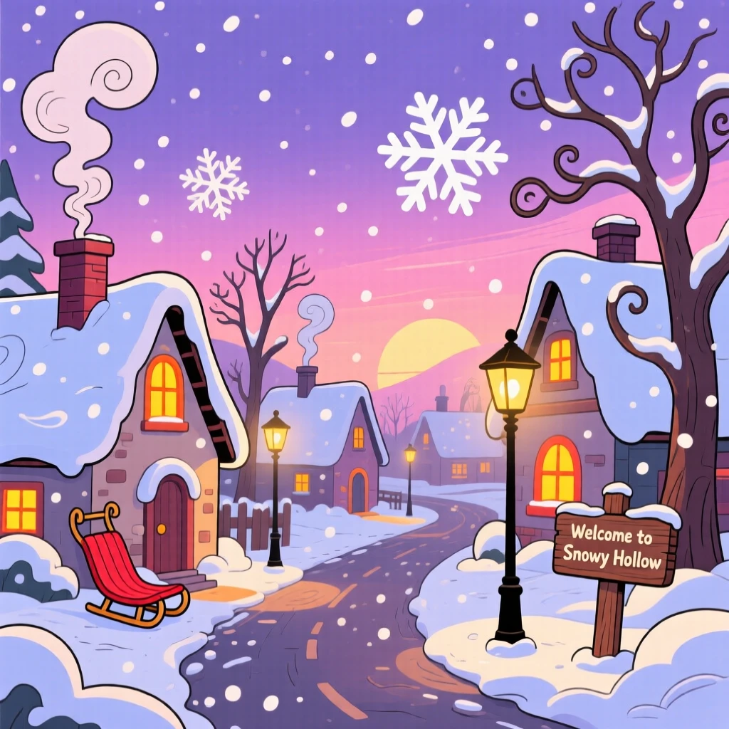 A gentle snowfall blanketing a quiet village at dusk.