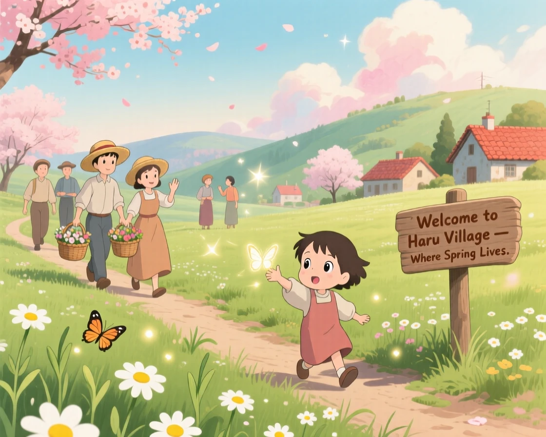 A spring scene of a meadow filled with fresh green shoots and scattered daisies, as townsfolk go about their day.