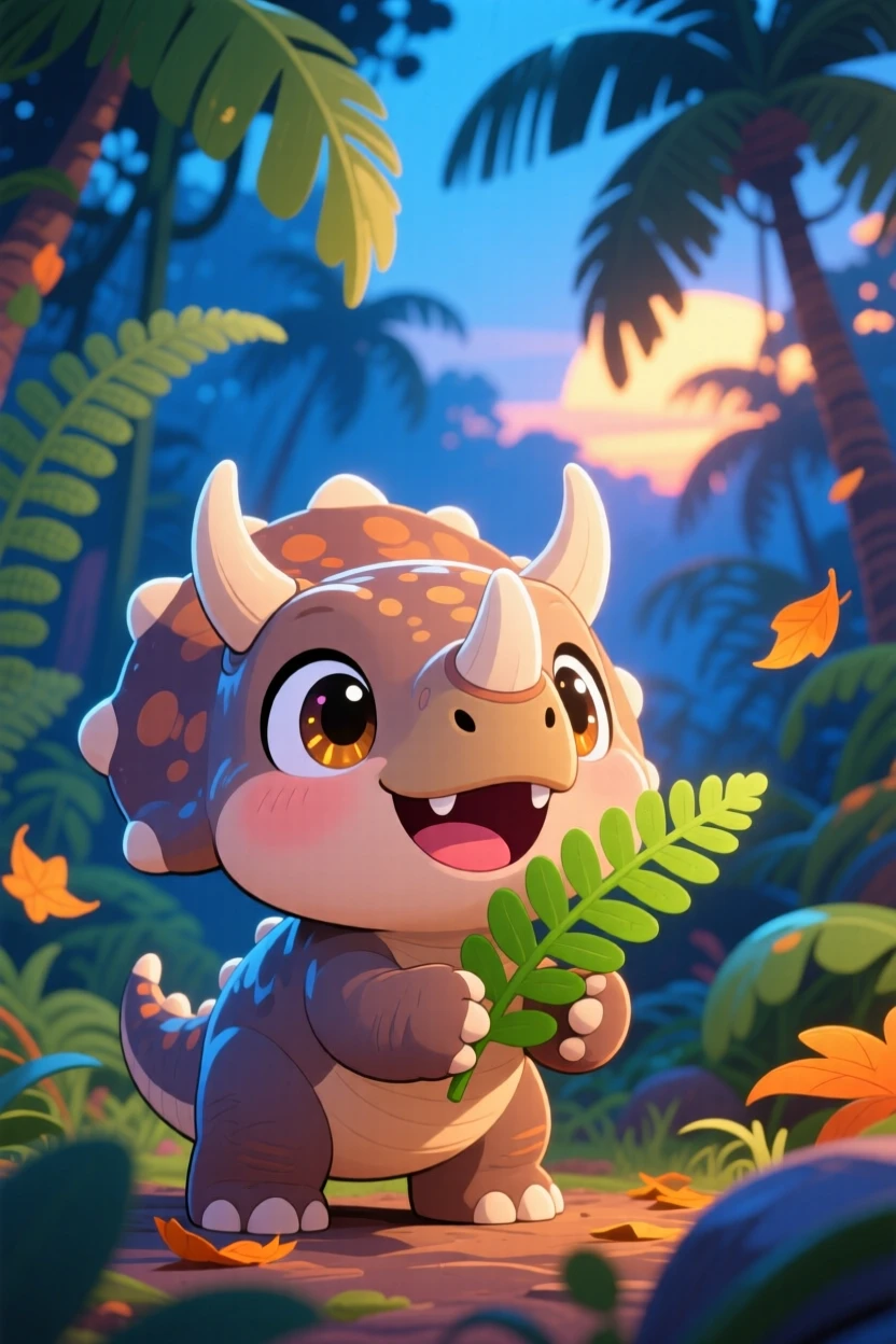 A baby triceratops munching on a fern leaf happily, framed as an extreme close-up within a lush prehistoric jungle, on a crisp autumn afternoon, glowing under cool blue twilight glow, evoking giggling amusement.