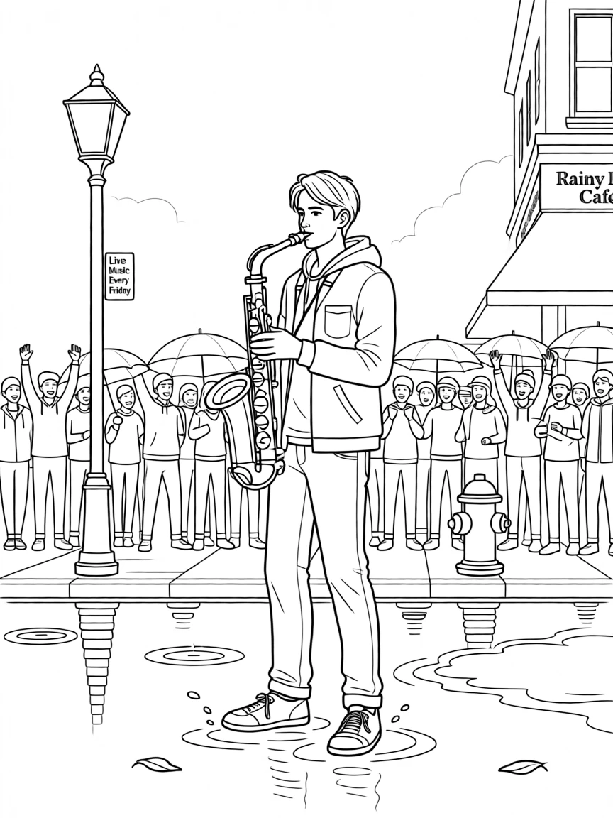 A saxophone player performing on a rain-soaked street corner, with a crowd cheering just out of focus.