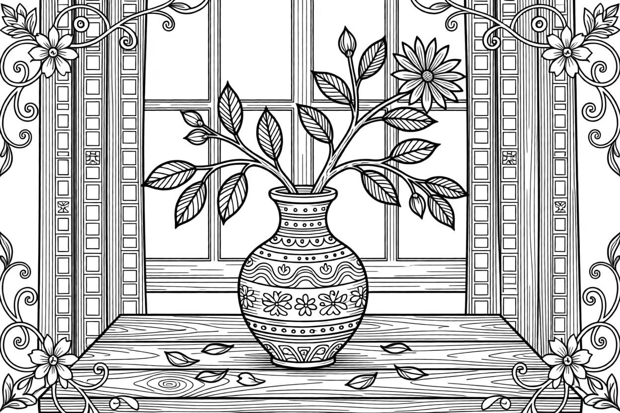 A flower-arranging scene with a single branch in a ceramic vase.