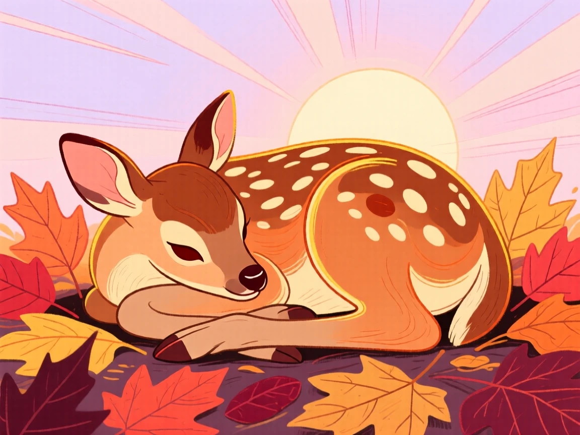 A spotted fawn curled up together among autumn leaves at sunrise.