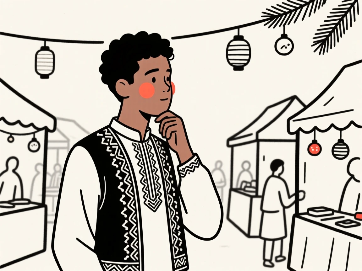A young man of Jamaican heritage wearing a Turkish embroidered vest, lost in quiet contemplation, at a bustling holiday market.
