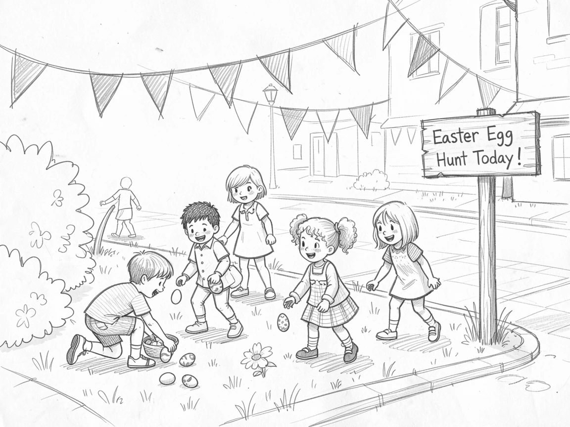Children hunting for Easter eggs in a sunny garden, along a festively decorated street, with an atmosphere of celebration and togetherness.