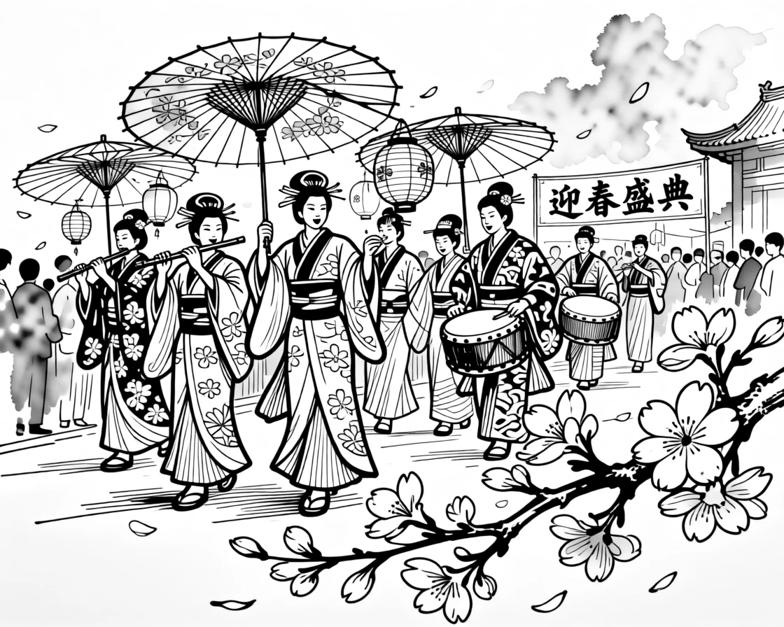 A vibrant traditional parade celebrating the blooming of cherry blossoms.