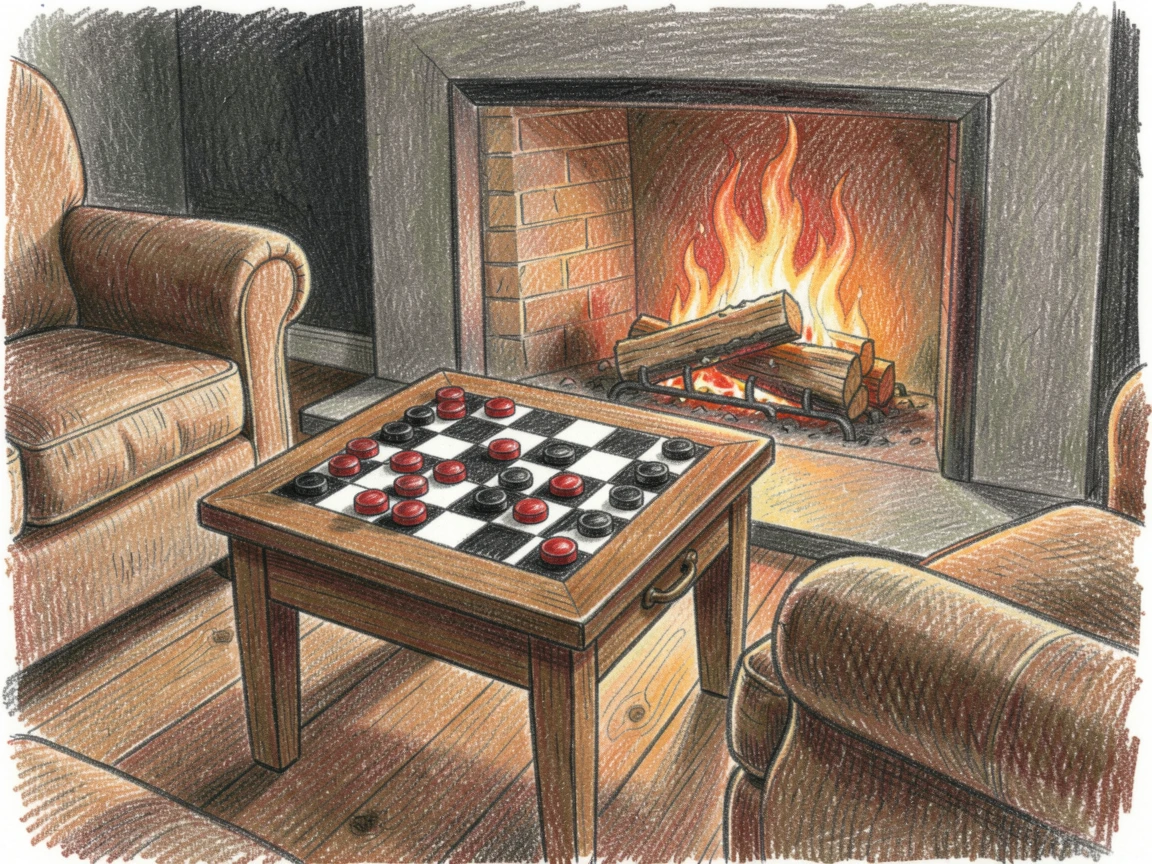 A cozy den with a checkerboard set up beside a crackling fire, with a gentle play of light and shadow across the composition, evoking nostalgia and a deep sense of contentment.