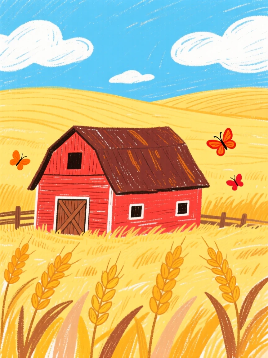 A rustic barn surrounded by golden fields at harvest time.