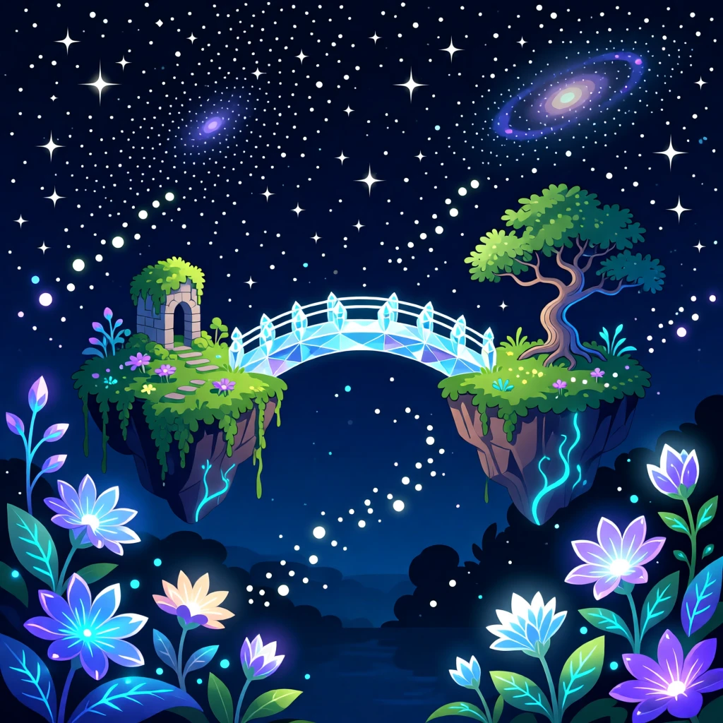 A crystal bridge connecting two floating islands under a starry sky, surrounded by glowing flowers and luminescent plants, framed to capture both grandeur and delicate magical detail, with subtle magical particles drifting through the air.