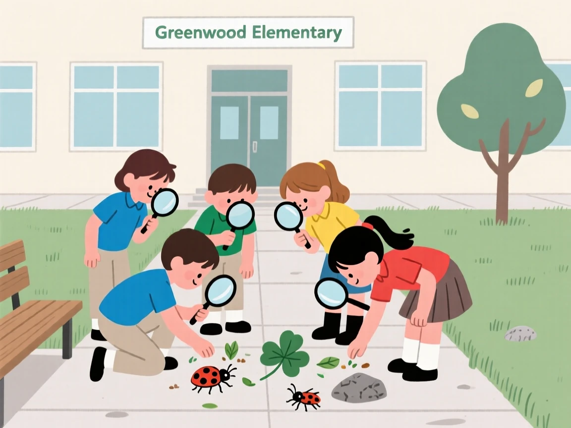 A group of students exploring with magnifying glasses in a school courtyard.