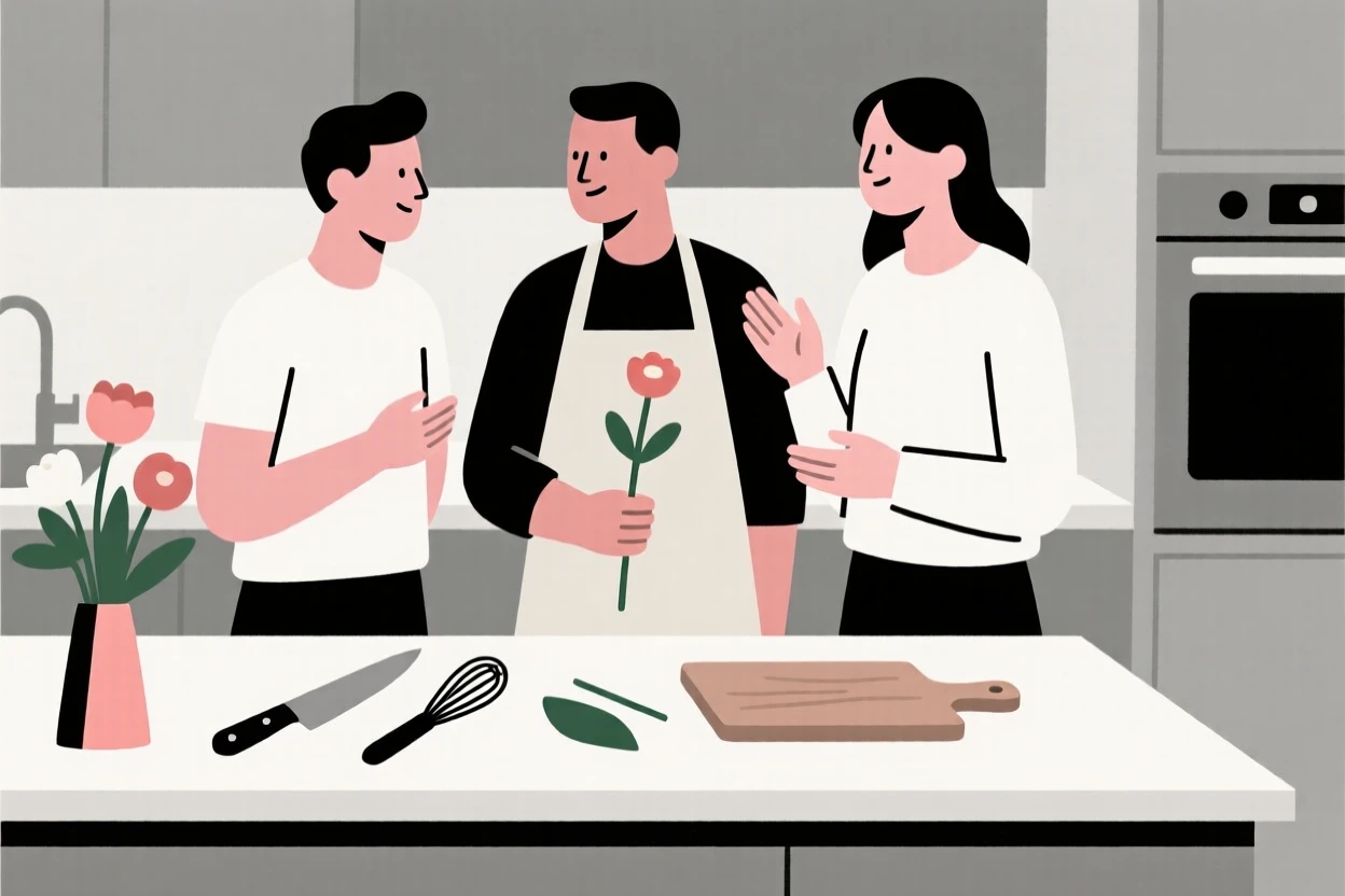 A florist collaborating with colleagues in a bustling professional kitchen, near tools neatly arranged, full of creative problem-solving.